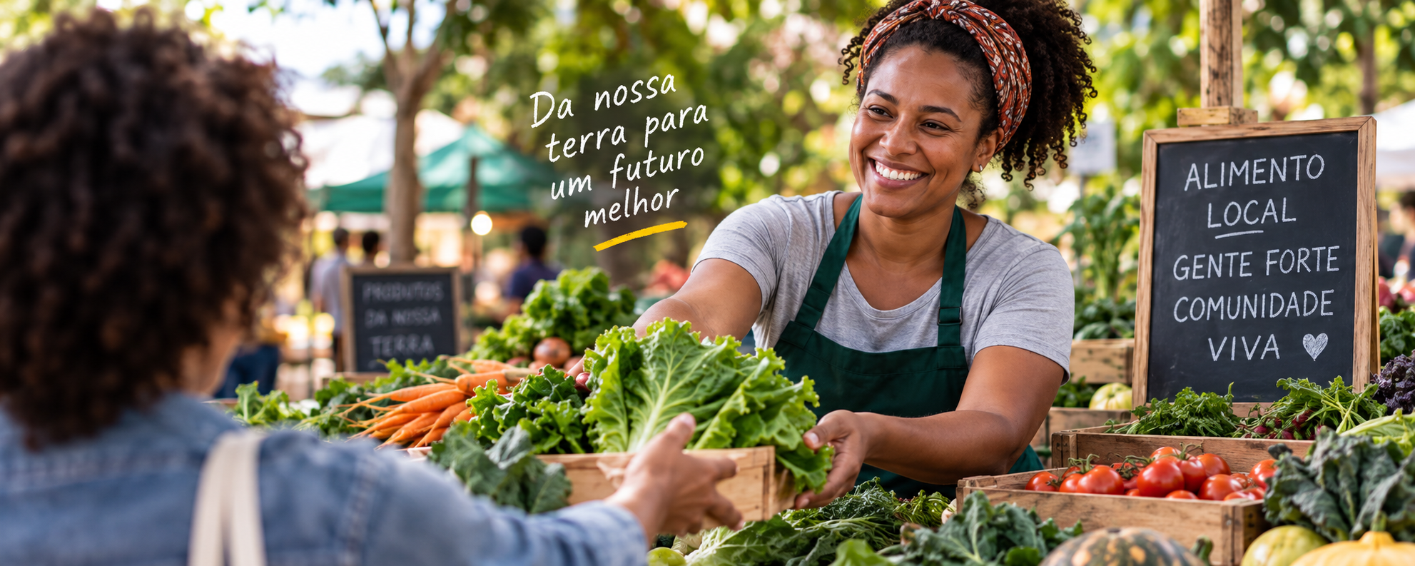 Produtora local oferecendo alimentos frescos em uma feira